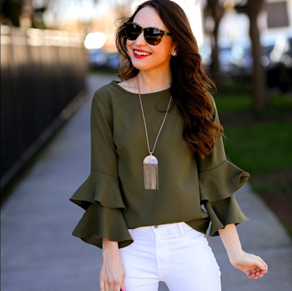 J. Crew Tops - J. Crew bell sleeve olive green top blouse